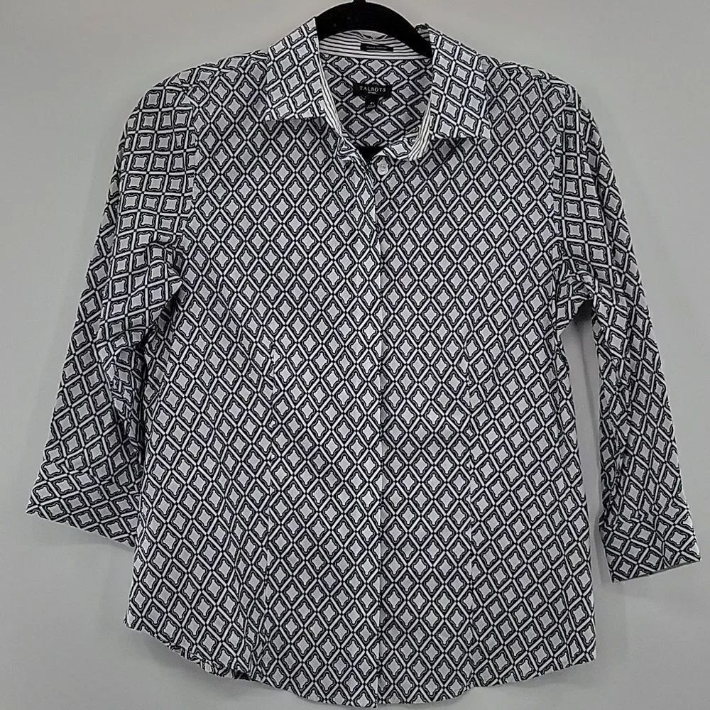 Talbots White Button Down Shirt w/ Blue Design size 4P